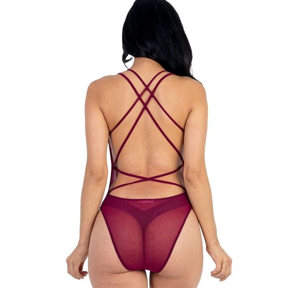 NEW Capella Medium Sheer Burgundy Bodysuit Soft Mesh Crisscross Back Holiday - Picture 7 of 9